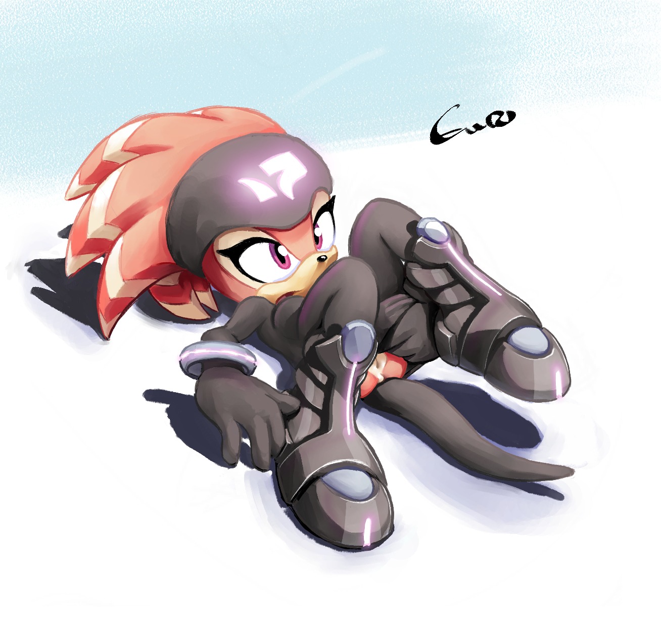 1girls 4_fingers anthro echidna euroland exposed_pussy female female_only fur headband highres mostly_clothed on_back open_mouth pink_eyes pussy red_fur red_hair rule34 sega shade_the_echidna solo sonic_(series) sonic_the_hedgehog_(series) straight_hair tail white_background