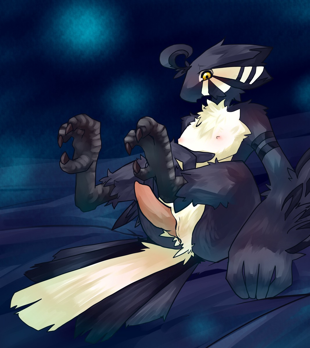 anthro avian beak biped bird blue_body blue_feathers blush e621 erection feathers genitals hi_res kosian kuroba male nude penis sitting solo spread_legs spreading yellow_eyes