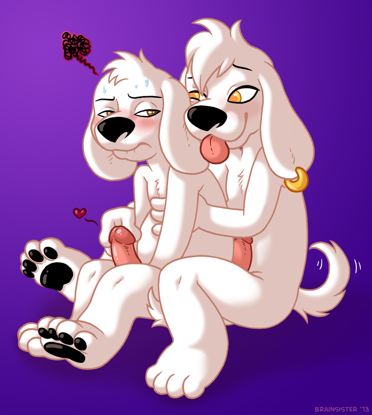 anthro blush bodily_fluids brainsister brian_griffin canid canine canis cousins_(lore) dialogue domestic_dog duo e621 ear_piercing erection family_guy fondling genitals handjob heart_symbol hi_res humanoid_genitalia humanoid_penis incest_(lore) jasper_(family_guy) male male/male mammal pawpads paws penile penis pictographics piercing reach_around sex sweat tongue tongue_out toony