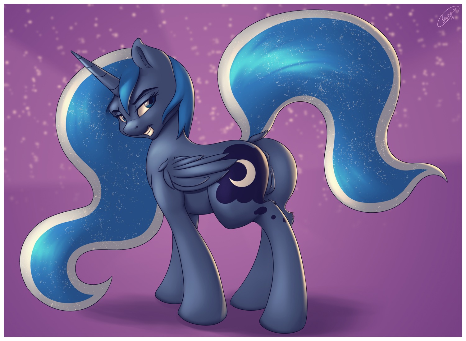 2014 anus blue_body blue_eyes blue_feathers blue_fur blue_hair border butt cutie_mark e621 equid equine feathered_wings feathers female feral friendship_is_magic fur genitals hair hasbro hi_res horn mammal my_little_pony mythological_creature mythological_equine mythology presenting presenting_hindquarters princess_luna_(mlp) skipsy solo tail vulva white_border winged_unicorn wings