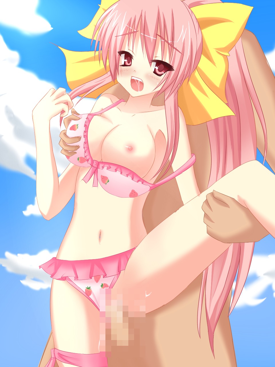 bikini bikini_aside bikini_bottom bikini_top blush blushing breast_grab breasts censored censored_penis erika_(pangya) female hana_(artist) hand_on_breast highres holding_breast long_hair male nip_slip nipple_slip nipples pangya penis pink_bikini pink_bikini_bottom pink_bikini_top pink_eyes pink_hair pink_nipples pussy rule34 sex spread_legs swimsuit vaginal_penetration yellow_bow