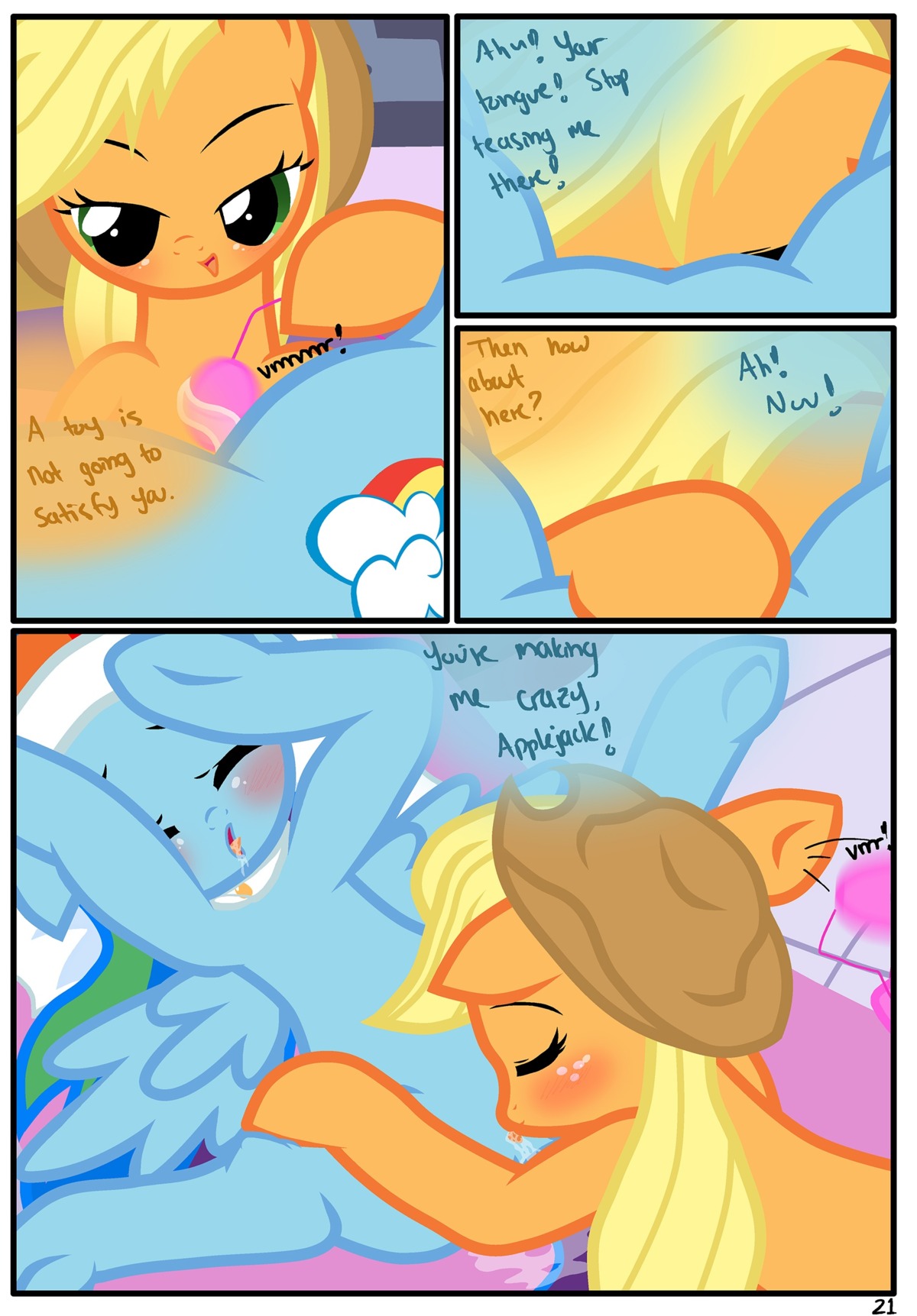 absurd_res applejack_(mlp) blue_body blue_feathers blue_fur blush bodily_fluids comic cunnilingus cutie_mark dialogue duo e621 earth_pony english_text equid equine feathered_wings feathers female female/female freckles friendship_is_magic fur hair hasbro hi_res horse licking mammal multicolored_hair my_little_pony mythological_creature mythological_equine mythology oral pegasus pony pyruvate rainbow_dash_(mlp) rainbow_hair saliva sex sex_toy spa spread_legs spreading text tongue tongue_out vaginal vibrator wings