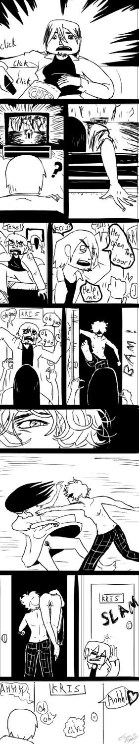 ass breasts clothing comic dialogue dress english_text female heart implied_sex kris nipples nudity pubic_hair pussy rule34 seven_nights small_breasts tagme television the_ring topless vagina vulva yamamura_sadako yuri