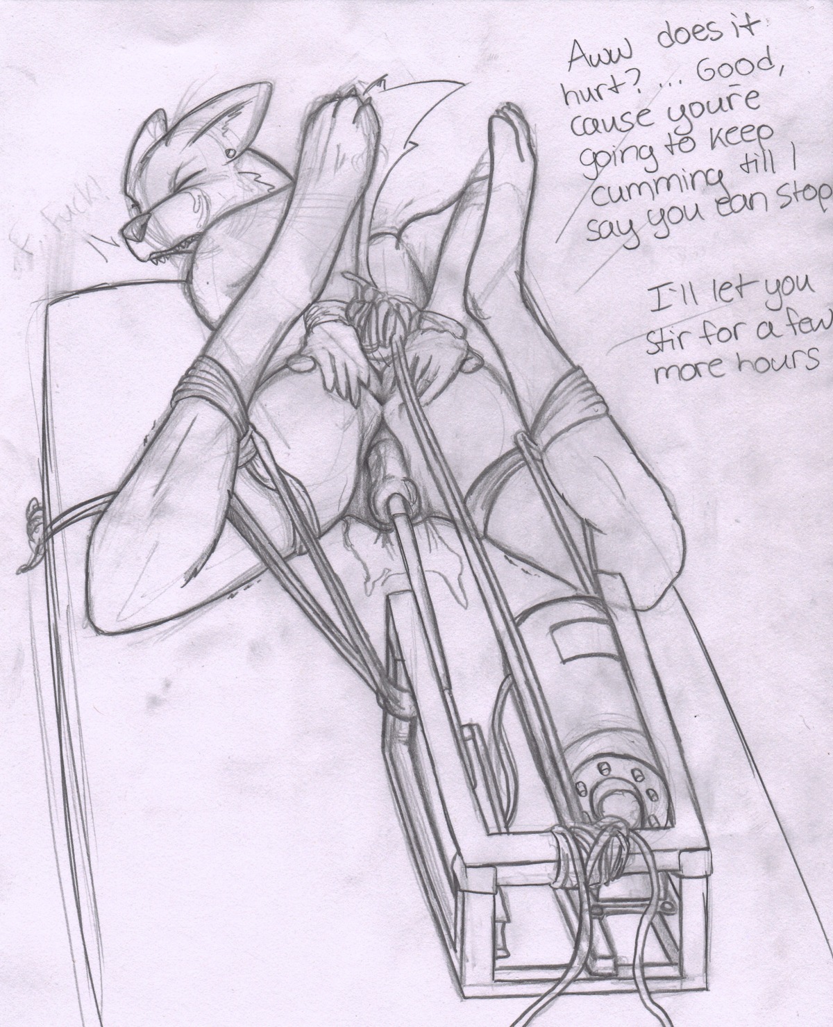 absurd_res anthro anus barefoot bdsm bed bed_bondage biped bodily_fluids bondage bound canid canine dildo e621 english_text feet female forced frogtied fucking_machine furniture genital_fluids genitals hands_behind_back hi_res legs_tied lying machine mammal on_front penetration rape sex sex_toy solo spread_anus spreading submissive submissive_female text unknown_artist vaginal vaginal_fluids vaginal_penetration vulva