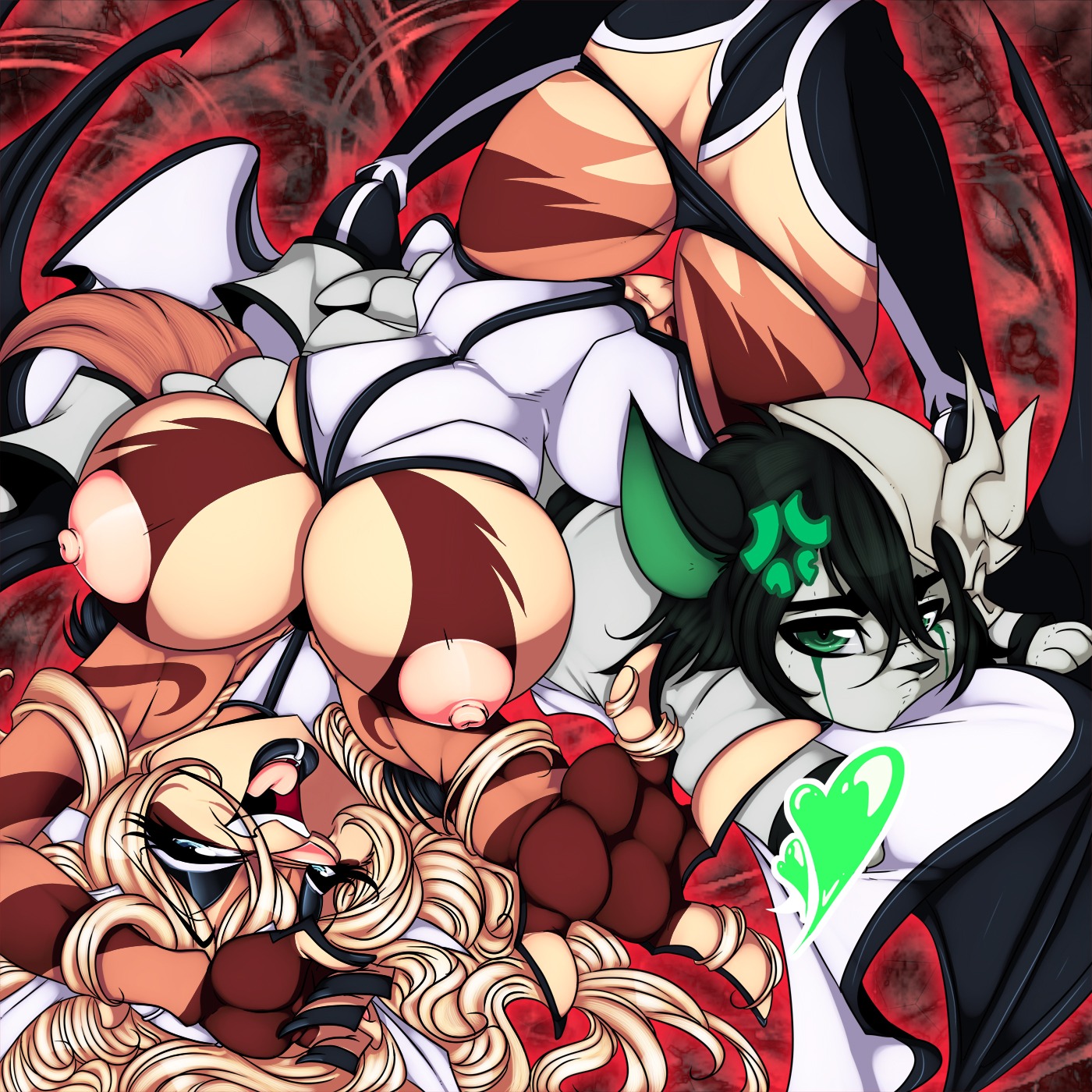 1:1 abstract_background angel_kryis anthro arms_above_head big_breasts black_nose blonde_hair blue_eyes breasts brown_body brown_fur canid canine canis clothing crystal-for-ever digital_media_(artwork) domestic_dog duo e621 facial_piercing felid female fur genitals glowing green_eyes grey_body grey_fur hair heart_symbol hi_res lip_piercing lip_ring long_hair looking_at_viewer lying mammal membrane_(anatomy) membranous_wings nipples on_front open_mouth panties piercing pink_nose ring_piercing simple_background ulquiorra_cifer underwear upside_down vulva wings
