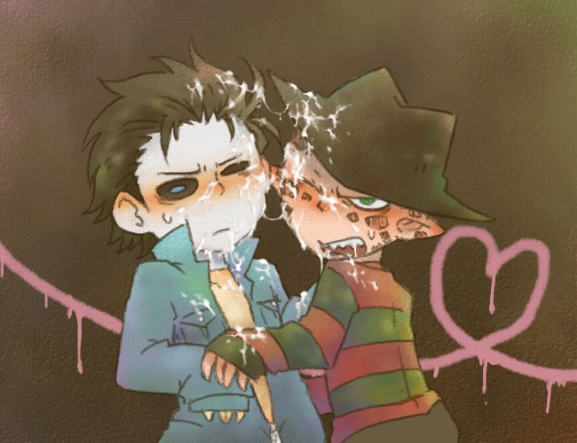 blush cum cum_on_clothes facial freddy_krueger gay halloween halloween_(film) hat heart male mask michael_myers rule34 yaoi