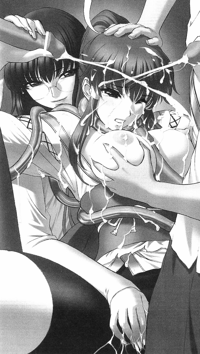 2girls breast_grab breasts cum cum_explosion female gangbang glasses group_sex highres huge_breasts huge_cock large_breasts male masturbation monochrome multiple_females multiple_girls paizuri penis rule34 sano_toshihide sex smile straight tentacle