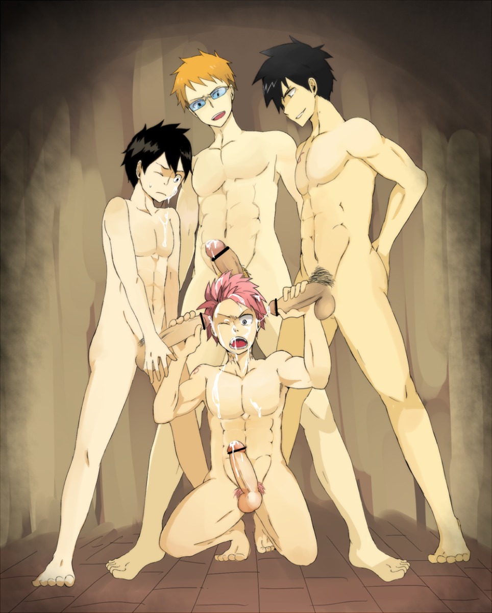 4boys abs aper_sexy black_hair blonde_hair blue-tinted_eyewear bukkake censor_bar censored cum cum_dripping cum_on_cheek cum_on_chest cum_on_face cum_on_hair dual_handjob erection fairy_tail gay glasses gray_fullbuster holding_penis kneeling/standing loke_(fairy_tail) male male/male male_only mouth_open natsu_dragneel no_nipples nude one_eye_closed pecs penis penis_size_difference pink_hair pointless_censoring romeo_conbolt rule34 size_difference sunglasses tinted_eyewear yaoi