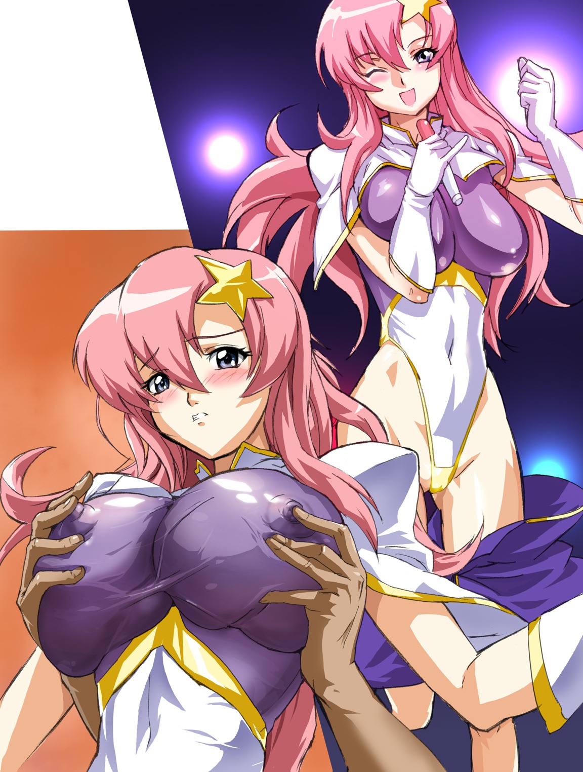 alpa blue_eyes blush breast_grab breast_squeeze breasts cg erect_nipples female gloves groping gundam gundam_seed gundam_seed_destiny highleg highres huge_breasts long_hair lux meer_campbell microphone nipple_tweak nipples pink_hair red_hair rule34 star wink
