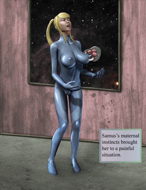 1girls 3d baby_(metroid) breasts female human metroid metroid_(creature) metroid_on_breast nintendo rule34 samus_aran tagme text zero_suit zero_suit_samus