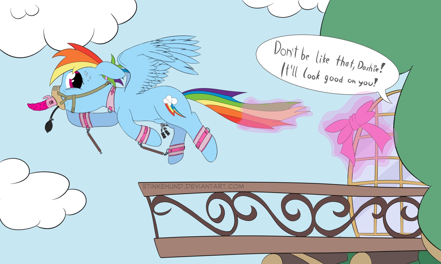 5:3 bdsm blue_body blue_feathers blue_fur bodily_fluids bondage bound cloud cock_gag collar cutie_mark dialogue e621 english_text equid equine feathered_wings feathers female flying friendship_is_magic fur gag gagged hair hasbro hi_res levitation mammal multicolored_hair multicolored_tail my_little_pony mythological_creature mythological_equine mythology nipple_clamp nipples offscreen_character outside pegasus rainbow_dash_(mlp) rainbow_hair rainbow_tail sex_toy sky solo stinkehund sweat tail teats text url wings