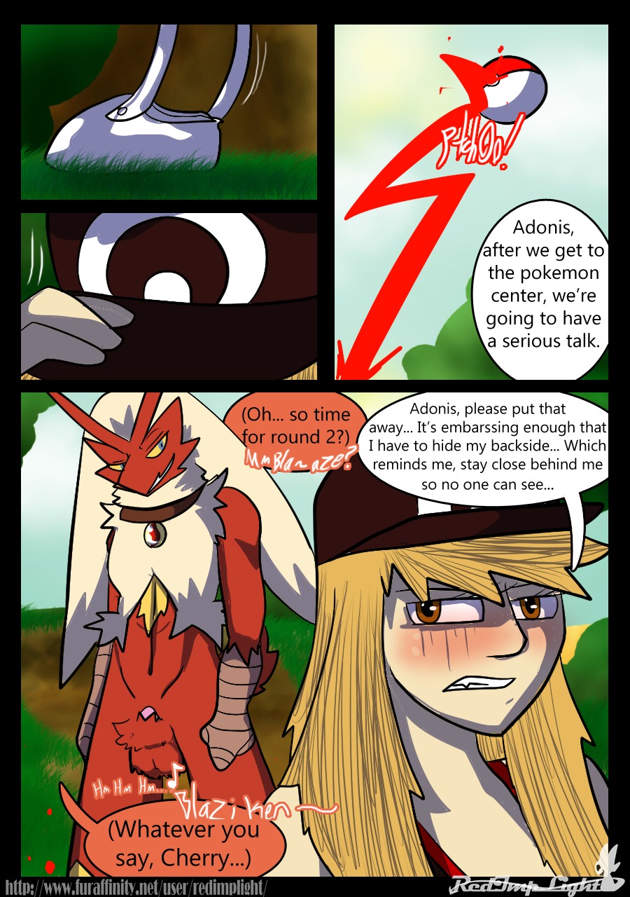 adonis_(redimplight) amber_eyes animal_genitalia anthro avian bag balls baseball_cap bird blaziken blonde_hair blue_eyes blush brown_eyes cherry_the_trainer_(redimplight) clothed clothing comic digital_media_(artwork) duo e621 english_text female generation_3_pokemon genitals hair hat headgear headwear hi_res holding_clothing holding_hat holding_headgear holding_headwear holding_object human male mammal nintendo nude penis penis_tip pokeball pokemon pokemon_(species) pokemon_speak redimplight sheath standard_pokeball text tilde_after_text translation_within_image url using_pokeball yellow_sclera