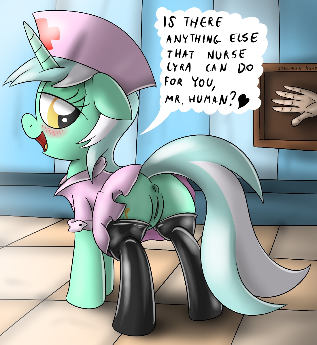 anus blush butt clothing cutie_mark dialogue e621 english_text equid equine female feral friendship_is_magic genitals hair hasbro hat headgear headwear hi_res horn legwear looking_back lyra_heartstrings_(mlp) mammal multicolored_hair my_little_pony mythological_creature mythological_equine mythology nurse nurse_clothing nurse_hat nurse_headwear nurse_uniform quadruped solo speech_bubble stockings tail text two_tone_hair unicorn uniform vulva yellow_eyes ziemniax
