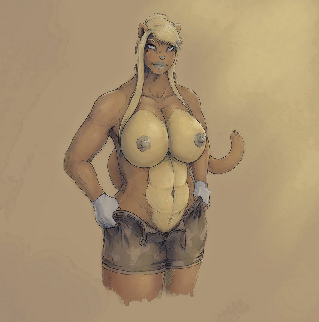 2014 abs anthro areola belt biceps big_breasts biped blonde_hair bottomwear breasts brown_body brown_fur clothed clothing cougar e621 felid feline female fingerless_gloves freckles front_view fur genitals gloves grey_areola grey_lips grey_nipples hair handwear keeltheequine lips long_hair looking_at_viewer mammal multicolored_body multicolored_fur muscular muscular_anthro muscular_female naughty_face navel nipples no_underwear open_belt open_bottomwear open_clothing open_pants open_shorts pants pinup pose seductive sheena shorts simple_background solo standing tan_background thick_lips topless two_tone_body two_tone_fur undressing vulva white_clothing white_gloves white_handwear