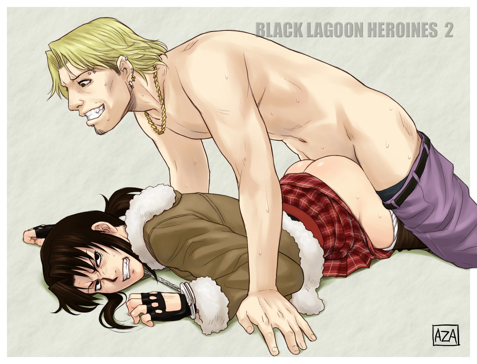 1boy angry ass azasuke belt black_lagoon blonde_hair bondage brown_eyes brown_hair chaka_(black_lagoon) clenched_teeth clothed_sex coat cuffs earrings female fingerless_gloves gloves goatee grin handcuffs highres jewelry long_hair lying male necklace on_stomach panties panty_pull rape revy rule34 sex skirt skirt_lift smile sweat underwear white_panties yakuza