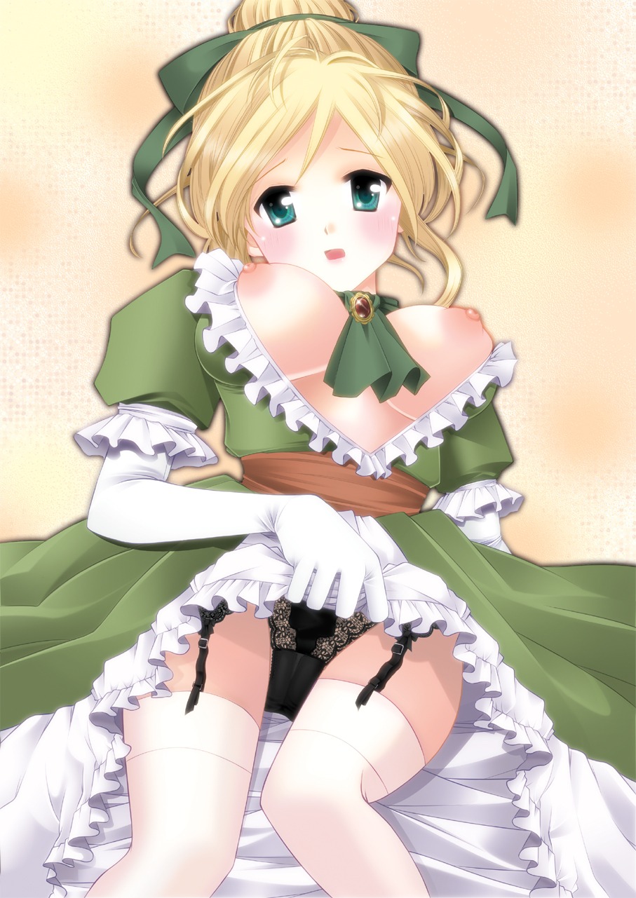 bow breasts clothing dragon_quest dragon_quest_ix dress dress_lift female medium_breasts panties roxanne_(dq9) rule34 stockings tagme yubi_(artist)
