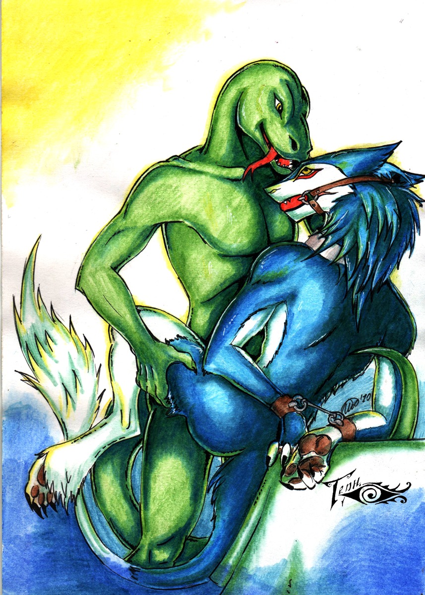 anthro ball_gag barefoot bdsm blood_warpaint blue_body blue_fur blue_hair bondage bound butt claws collar dominant dominant_male duo e621 feet fur gag gagged green_body green_scales hair hi_res lizard male male/male mammal markus_(dowantanaccount) nude reptile scales scalie sergal sex signature submissive submissive_male tail tongue traditional_media_(artwork) unknown_artist unknown_artist_signature yellow_eyes