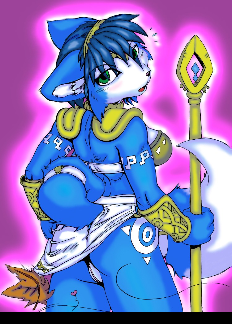 1girls anthro ass assisted_exposure blue_fur blush bottomless_skirt breasts canine cleavage curvy exposed exposed_ass exposed_pussy female female_only fox fur furry gust krystal large_ass large_breasts leaf no_panties polearm pussy rule34 skirt skirt_lift solo staff star_fox unaware upskirt video_games wardrobe_malfunction