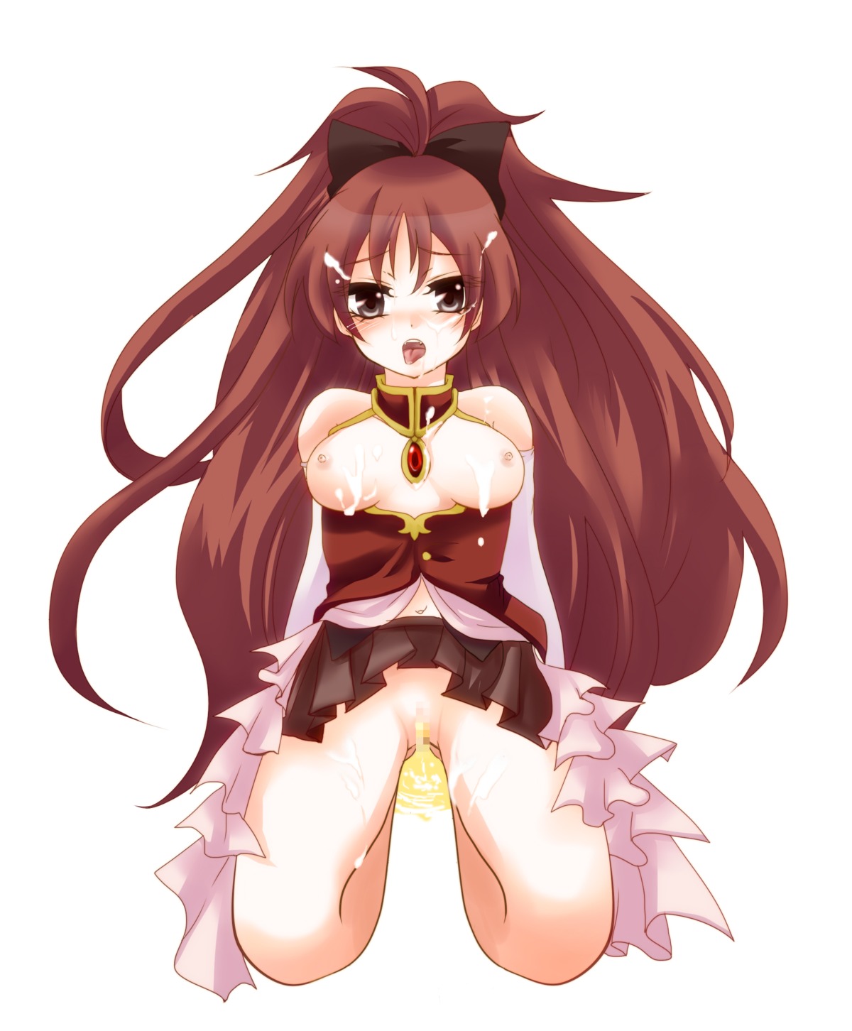 1girls areolae bare_shoulders big_breasts blush breasts breasts_out censored clothed cum female functionally_nude highres kneeling large_breasts long_hair mahou_shoujo_madoka_magica midriff navel nipples open_mouth peeing ponytail pussy red_hair rule34 sakura_kyouko solo tied_hair tongue tongue_out urine very_long_hair white_background