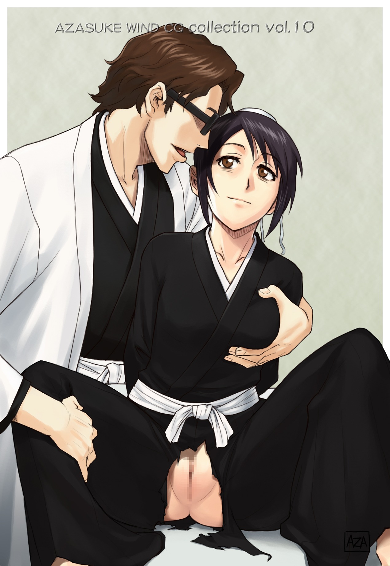 1boy 1girls aizen_sousuke azasuke black_hair bleach breast_grab breasts brown_eyes brown_hair censored female glasses groping hair_bun hakama high_resolution hinamori_momo japanese_clothes male no_panties pussy rule34 shaved_pussy short_hair sitting sosuke_aizen spread_legs torn_clothes