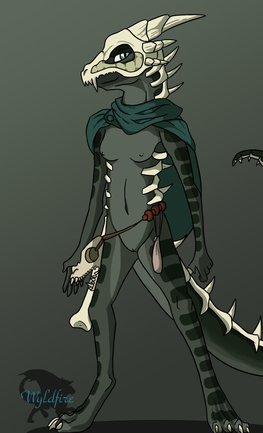 absurd_res anthro blue_eyes bone breasts cape clothing digitigrade e621 female genitals hi_res lich lizard magic_user myst_(fr0stbit3) necromancer nipples non-mammal_breasts non-mammal_nipples nude pinup pose reptile scalie simple_background skull small_breasts smile solo stripes tail undead vulva wyldfire7
