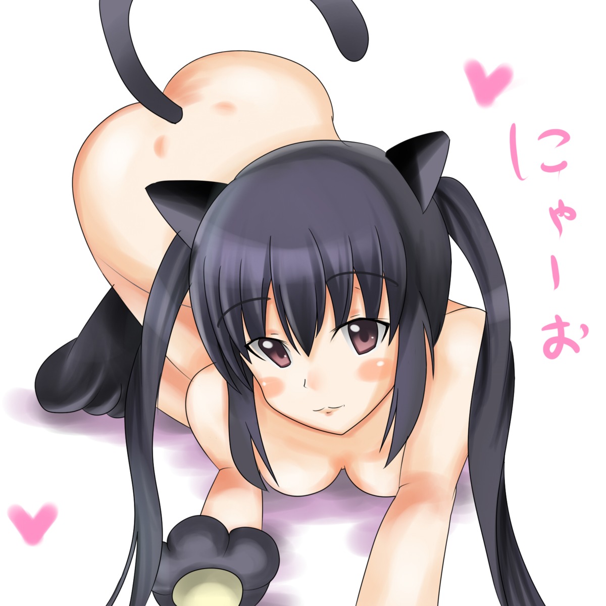 all_fours azusa_nakano_(k-on!) black_hair blush cat_ears cat_tail female female_only heart human human_only japanese_text k-on! long_hair looking_at_viewer purple_eyes rule34 simple_background solo text twintails white_background