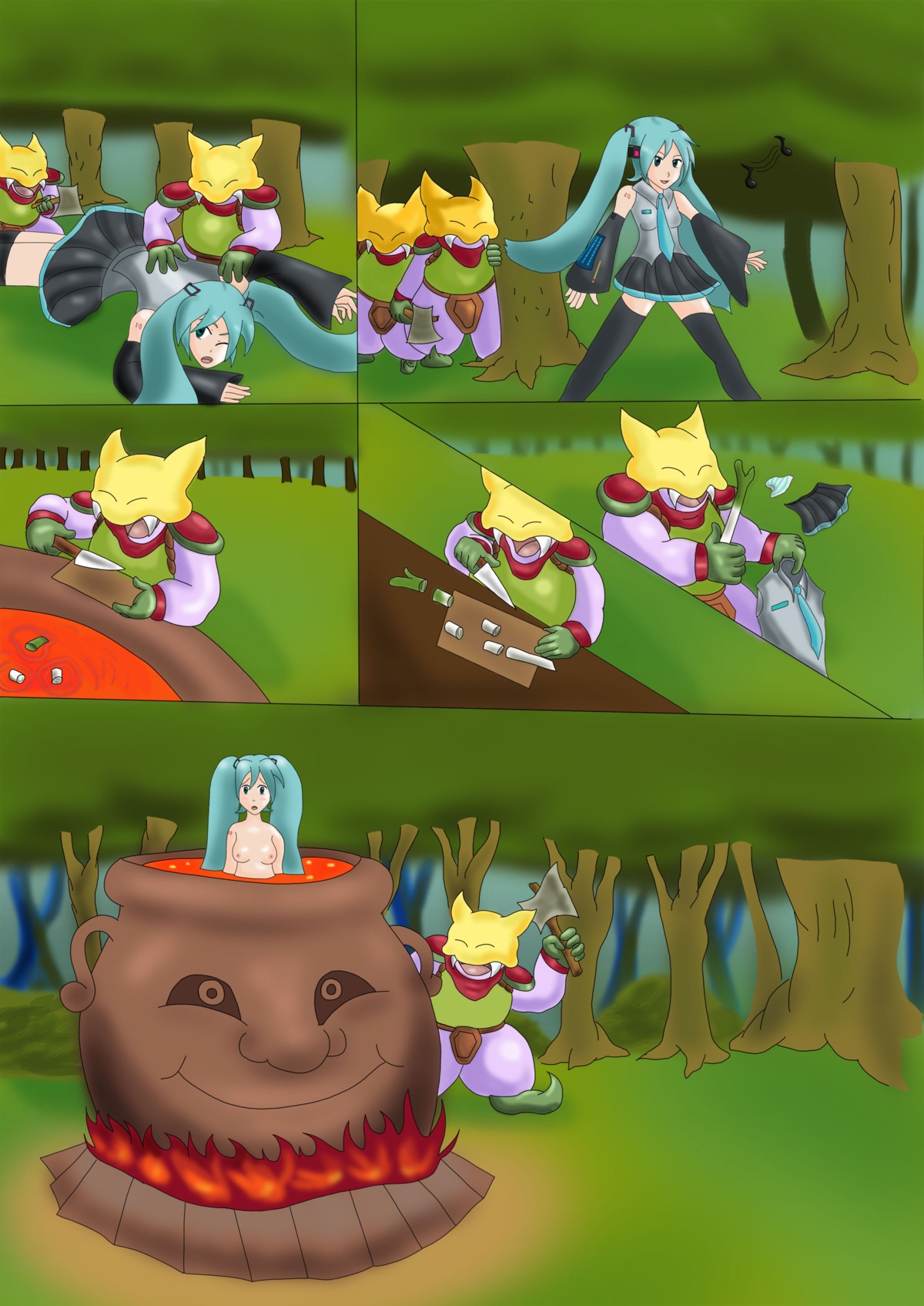 1girl aqua_hair breasts comic cooking cooking_vore detached_sleeves female fire hatsune_miku imminent_cannibalism imminent_death long_hair mana_goblin musical_note necktie nipples nude parody rule34 silent_comic skirt spring_onion tagme thighhighs tree twintails very_long_hair vocaloid weapon zettai_ryouiki