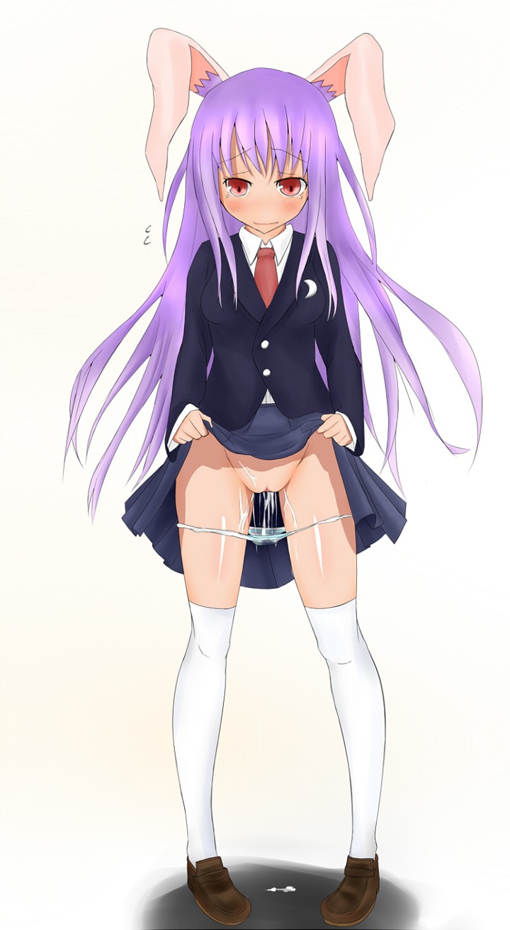 1girls animal_ear blazer blush bunny_ear cum female highres long_hair necktie panties panties_down pigeon-toed pokoten purple_hair pussy red_eyes reisen_udongein_inaba rule34 skirt skirt_lift solo tears thighhighs touhou uncensored underwear white_legwear