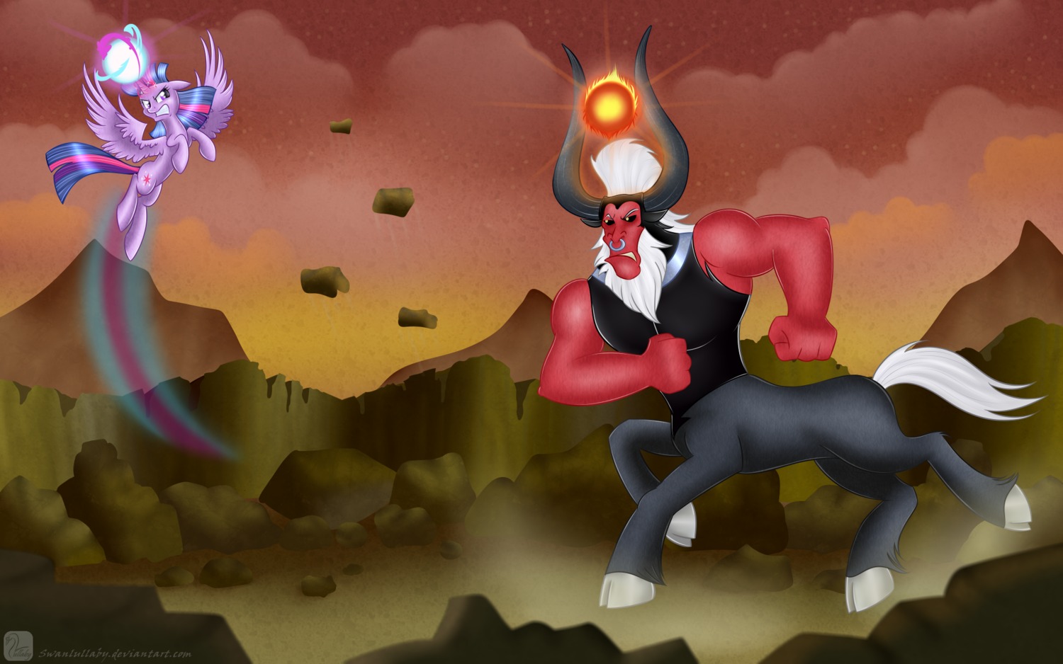 16:10 2014 ape cloud cutie_mark duo e621 equid equine facial_piercing feathered_wings feathers female feral fight fire flying friendship_is_magic fur glowing hair haplorhine hasbro hi_res horn magic male mammal mountain multicolored_hair muscular my_little_pony mythological_creature mythological_equine mythology nose_piercing nose_ring outside piercing primate purple_body purple_eyes purple_feathers purple_fur purple_hair ring_piercing rock septum_piercing sky star sunset swanlullaby taur tirek_(mlp) twilight_sparkle_(mlp) two_tone_hair white_hair widescreen winged_unicorn wings yellow_eyes