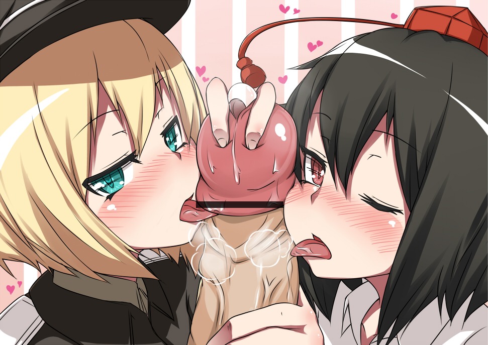 black_hair blonde_hair blush clothing collaborative_fellatio crossover cum erica_hartmann fellatio female green_eyes hanabi_(ocha) hat huge_cock insertion licking male male_urethral_insertion military military_uniform multiple_fellatio multiple_females multiple_girls open_mouth oral penile_urethral_insertion penis precum red_eyes rule34 shameimaru_aya short_hair strike_witches symbol-shaped_pupils teamwork threesome tongue touhou uniform urethral_insertion wink world_witches_series