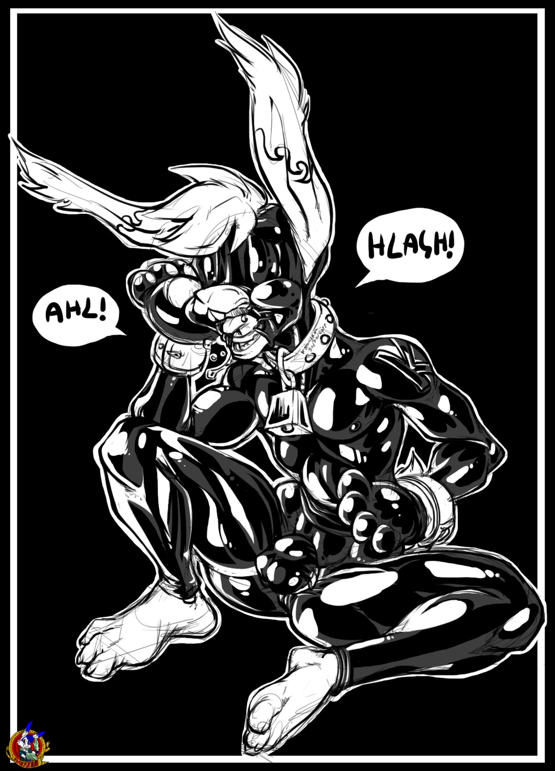 1boy 2011 bondage bound collar cowbell drooling ear fetish foot_fetish gag gay hindpaw konny konnykon lagomorph lapine leather long male male_only mittens monochrome open_mouth open_mouth_gag paws rabbit ring_gag rule34 saliva solo text tied yaoi