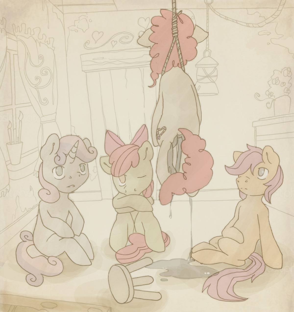 1_horn 2013 accessory amber_eyes apple_bloom_(mlp) bodily_fluids bow_(feature) bow_accessory bow_ribbon brown_body brown_ears brown_face brown_fur casual_nudity colored_urine conditional_dnp curtains cutie_mark_crusaders_(mlp) death death_piss e621 earth_pony equid equine featureless_legs female feral fluffy fluffy_tail friendship_is_magic fur furniture genital_fluids grey_body grey_eyes grey_face grey_fur grey_horn grey_urine group hair hair_accessory hair_bow hair_ribbon hanged hasbro head_horn hi_res horn horse inside lamp lantern looking_at_another mammal monotone_body monotone_face monotone_fur my_little_pony mythological_creature mythological_equine mythology no_pupils noose one_eye_closed peeing pink_bow pink_hair pink_tail pony puddle puffy_hair purple_hair purple_tail quadruped red_hair ribbons rope scootaloo_(mlp) sharp_horn short_fur stool suicide sweetie_belle_(mlp) tail tan_eyes twist_(mlp) unicorn unicorn_horn urine whisperingfornothing window wings yellow_body yellow_ears yellow_face yellow_fur young young_feral