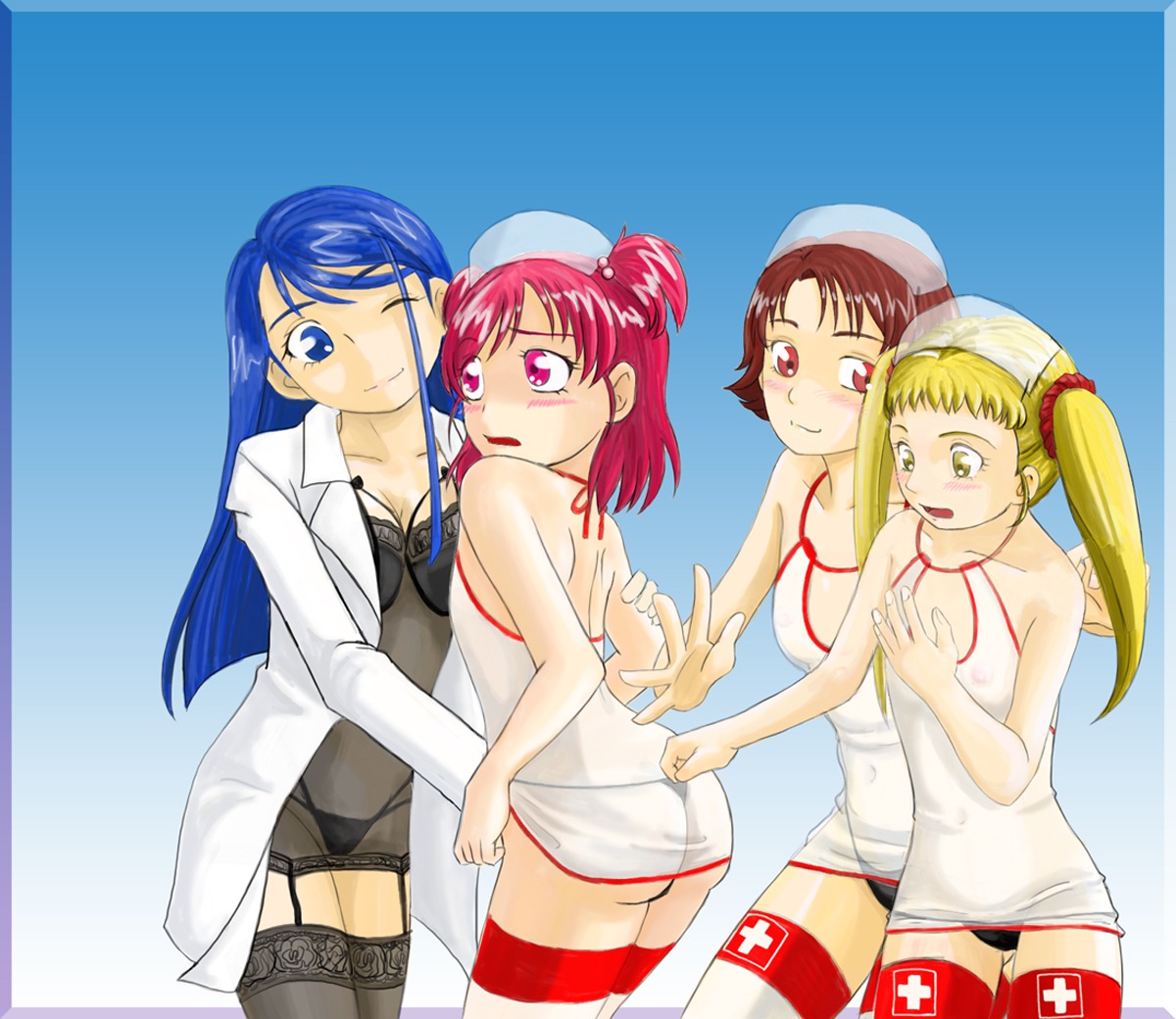 blush breasts clothing female flat_chest kasugano_urara minazuki_karen myoujou natsuki_rin nurse panties precure pretty_cure rule34 see-through see-through_clothing small_breasts stockings yes!_precure_5 yumehara_nozomi yuri