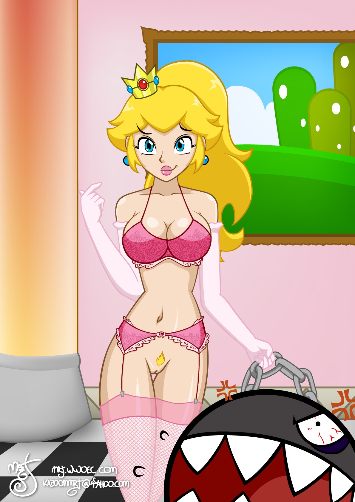 1girls 1other ambiguous_gender anger_vein blonde_hair blonde_pubic_hair blue_earrings blue_eyes bottomless_female bra bra_only breasts chain chain_chomp checkered_floor cleavage cleft_of_venus column crown earrings elbow_gloves facing_viewer feet_out_of_frame female fishnet_legwear fishnet_stockings fishnet_thighhighs fishnets flying_sweatdrops garter_belt garters high_ponytail inviting legs_together lingerie lingerie_only looking_at_viewer mario_(series) medium_breasts mini_crown mr._j narrow_waist nintendo painting_(object) pink_bra pink_fishnets pink_garter_belt pink_gloves pink_legwear pink_lips pink_lipstick pink_stockings pink_thighhighs ponytail princess_peach pubes pubic_hair pussy rule34 sharp_teech skinny skinny_female sparse_pubic_hair sphere_earrings standing straight-on straight_hair super_mario_64 thigh_gap tied_hair uncensored