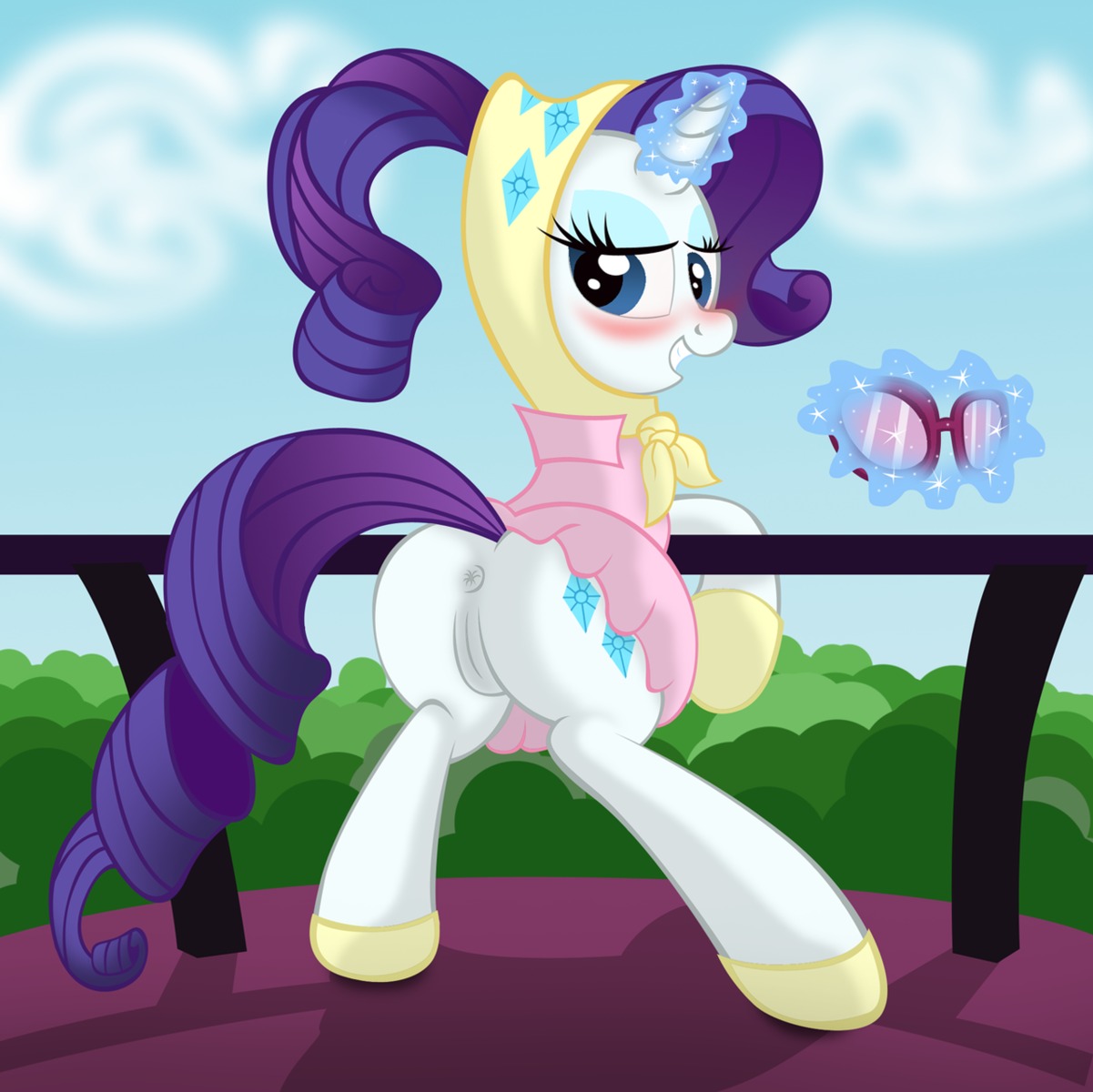 2012 blue_eyes blue_eyeshadow butt e621 equid equine eyeshadow female feral friendship_is_magic fur genitals hair hasbro hi_res horn looking_at_viewer makeup mammal my_little_pony mythological_creature mythological_equine mythology presenting presenting_hindquarters purple_hair rarity_(mlp) solo tail unicorn vulva white_body white_fur ziemniax