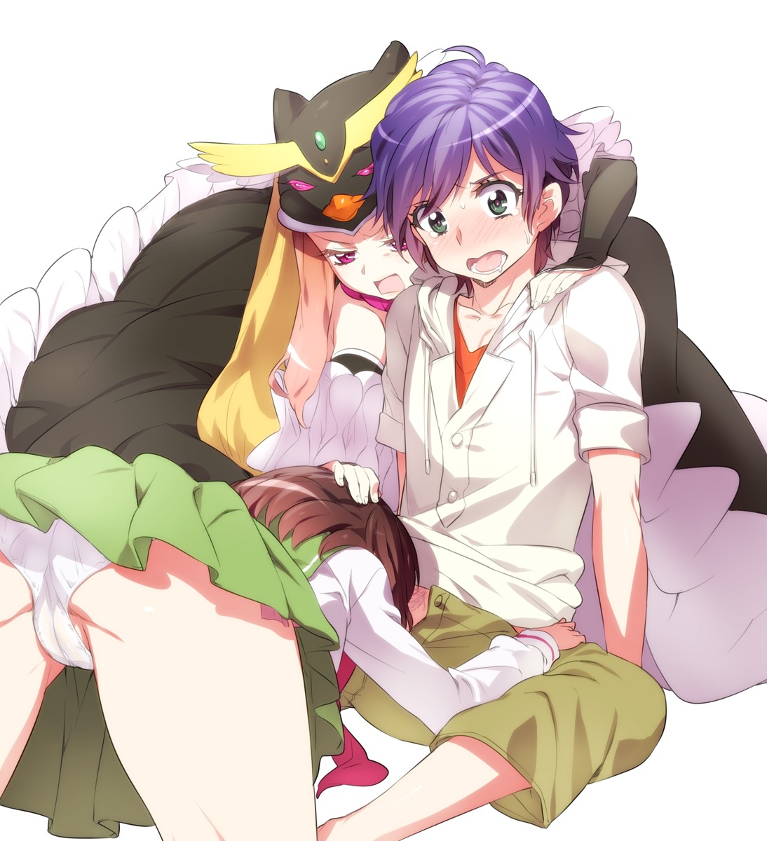2girls angry animal_hat blue_hair blush brown_hair cameltoe fellatio female green_eyes hand_on_head hat highres human long_hair male mawaru_penguindrum multiple_females naso4 oginome_ringo oral panties pink_eyes princess_of_the_crystal pubic_hair pussy rule34 school_uniform short_hair skirt straight takakura_himari takakura_shouma trefoil underwear white_panties