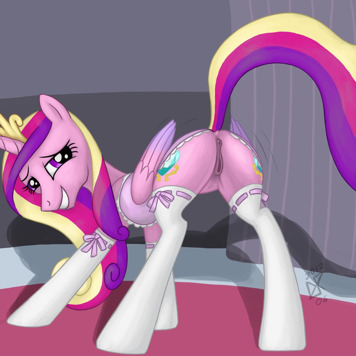 1:1 2012 anus armwear blonde_hair butt clothing cutie_mark digital_media_(artwork) e621 elbow_gloves equid equine feathered_wings feathers female feral friendship_is_magic fur genitals gloves hair handwear hasbro hi_res horn inside ldr legwear long_hair looking_at_viewer looking_back mammal multicolored_hair my_little_pony mythological_creature mythological_equine mythology pink_body pink_feathers pink_fur pink_hair presenting presenting_hindquarters princess_cadance_(mlp) purple_eyes purple_hair raised_tail rear_view smile solo standing stockings tail underwear vulva winged_unicorn wings