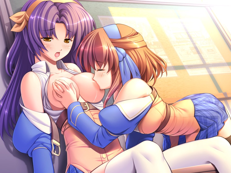 all_fours areolae bare_shoulders belt black_legwear black_thighhighs blush breast_grab breast_sucking breasts brown_hair closed_eyes detached_sleeves female game_cg gunner-l hair_ribbon hairband long_hair multiple_females multiple_girls nagakura_mato nipples no_bra open_clothes open_mouth open_shirt oppai_baka plaid pleated_skirt purple_hair ribbon rule34 school_uniform shirt short_hair sitting skirt straight_hair sunset tartan thighhighs tomose_nonomi white_legwear white_thighhighs yellow_eyes yuri zettai_ryouiki