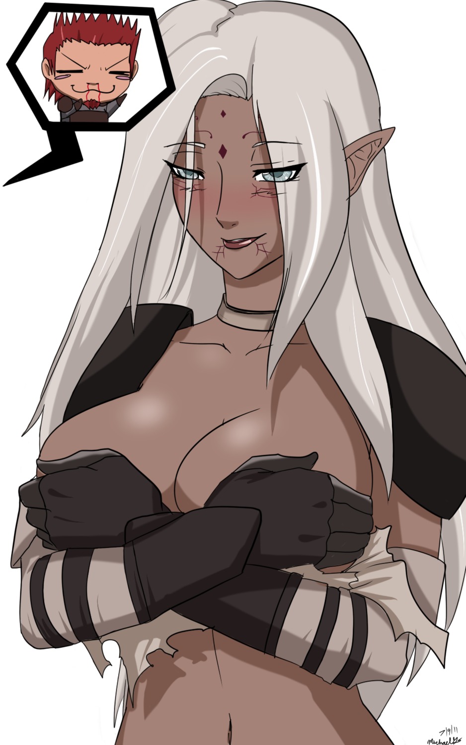 1girls 2011 2d alistair_theirin breasts color covering_breasts dalish_elf dragon_age dragon_age_origins elf elf_ears elf_female female female_focus gloves grey_warden lyna_mahariel male male_human/female_elf ninja-8004 rule34 speech_bubble tagme white_background