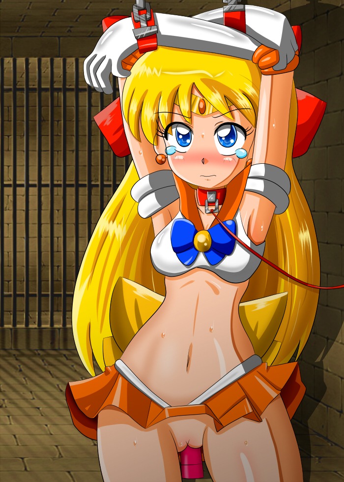 armpits bishoujo_senshi_sailor_moon blush bondage bow breasts clothing collar dildo exposed_pussy female female_only human leash magical_girl midriff minako_aino navel no_panties pussy rule34 sailor_venus skirt small_breasts solo tears uncensored yorunoko