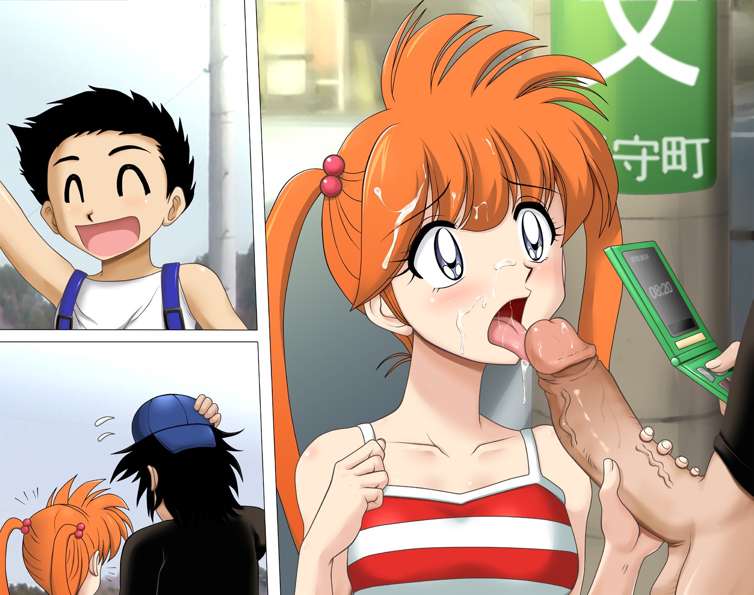 1girls black_hair blue_eyes blush breasts cellphone circle_anco cum facial fellatio female hair hat highres hiroshi_tateno human jigoku_sensei_nube katsuya_kimura kyoko_inaba light-skinned_female light_skin long_hair male oral orange_hair pale-skinned_female pale_skin penis rule34 shounen_jump solo_focus twintails uncensored