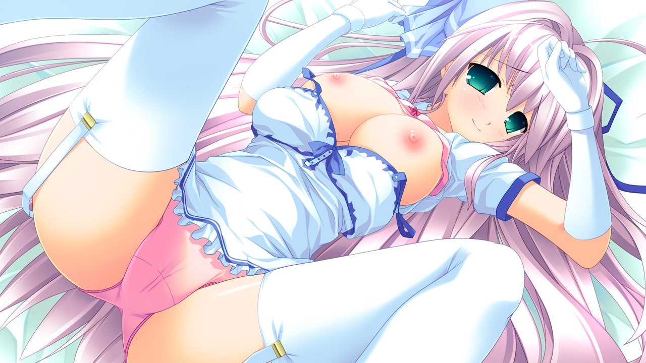 bed breasts female game_cg green_eyes long_hair nipples panties pink_hair rule34 tagme thighhighs tiny_dungeon underwear
