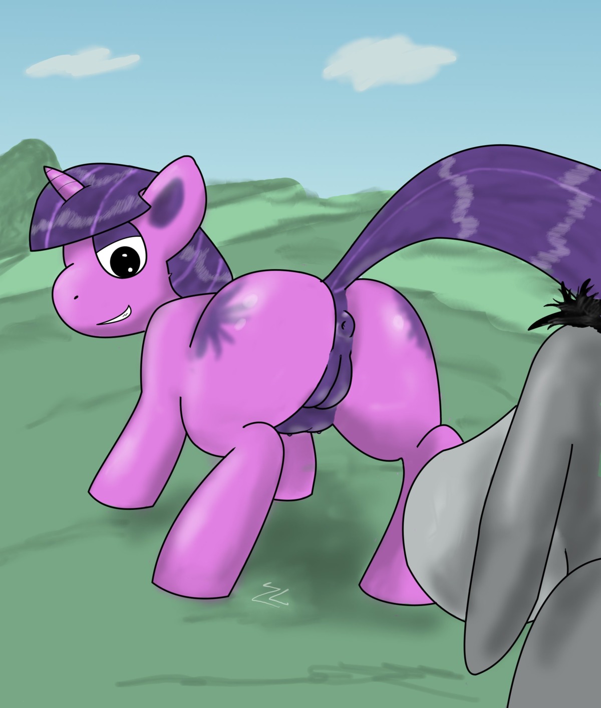 2012 absurd_res anus asinus butt crossover cutie_mark digital_media_(artwork) disney donkey duo e621 eeyore equid equine female feral friendship_is_magic fur genitals hair hasbro hi_res horn looking_at_viewer mad_(series) male mammal multicolored_hair my_little_pony mythological_creature mythological_equine mythology nipples presenting presenting_hindquarters purple_body purple_fur purple_hair quadruped smile solo_focus tail teats twilight_sparkle_(mlp) two_tone_hair unicorn vulva wide_hips winnie_the_pooh_(franchise) zeklullaby