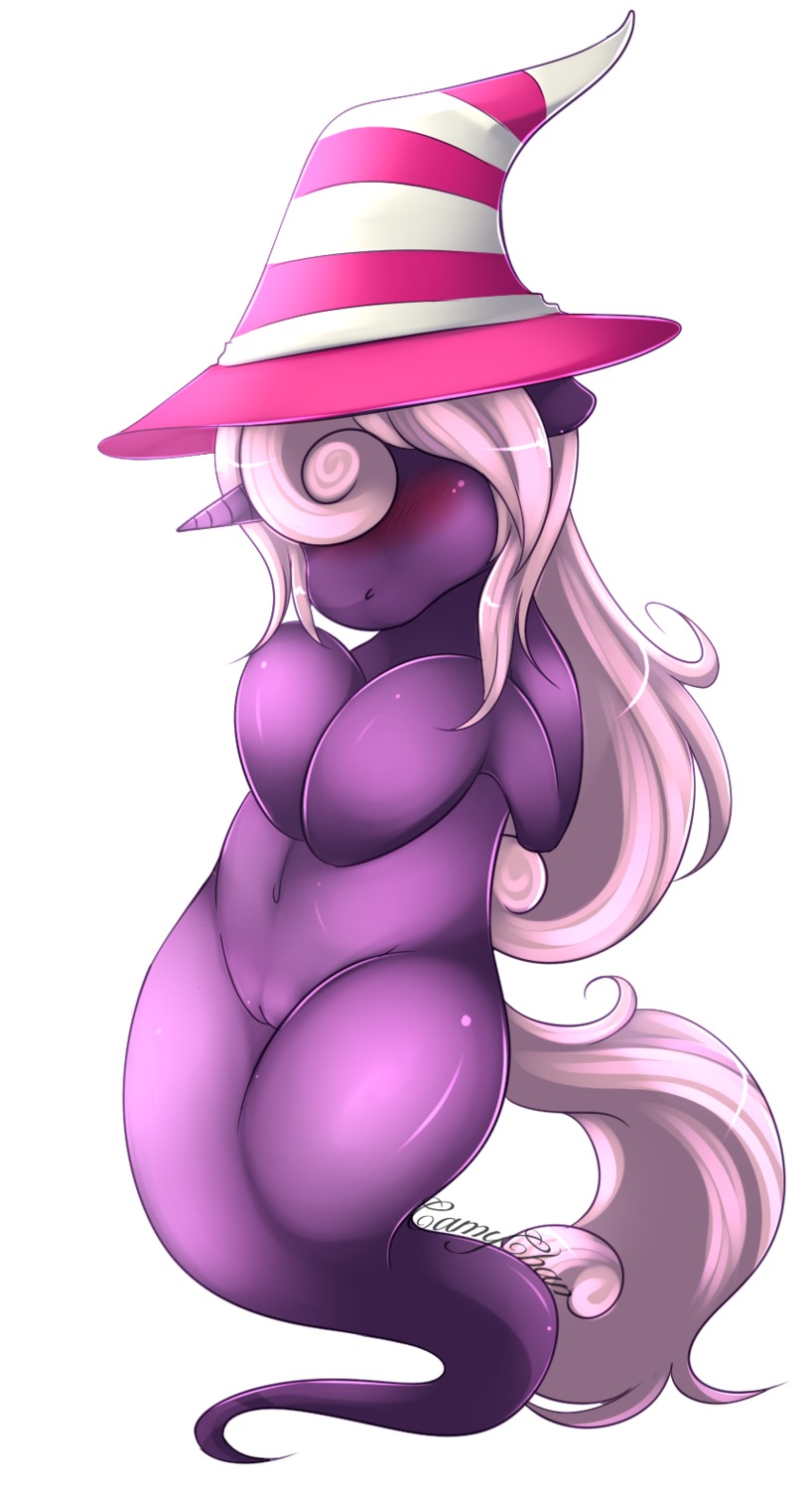 2014 alternate_species blush camychan clothing crossover digital_media_(artwork) e621 equid equine female genitals ghost ghost_tail hair hasbro hat headgear headwear hi_res horn humanoid_genitalia humanoid_vulva legless long_hair mammal mario_bros my_little_pony mythological_creature mythological_equine mythology navel nintendo paper_mario pink_hair ponification purple_body shadow_siren simple_background solo spirit unicorn vein vivian_(mario) vulva white_background