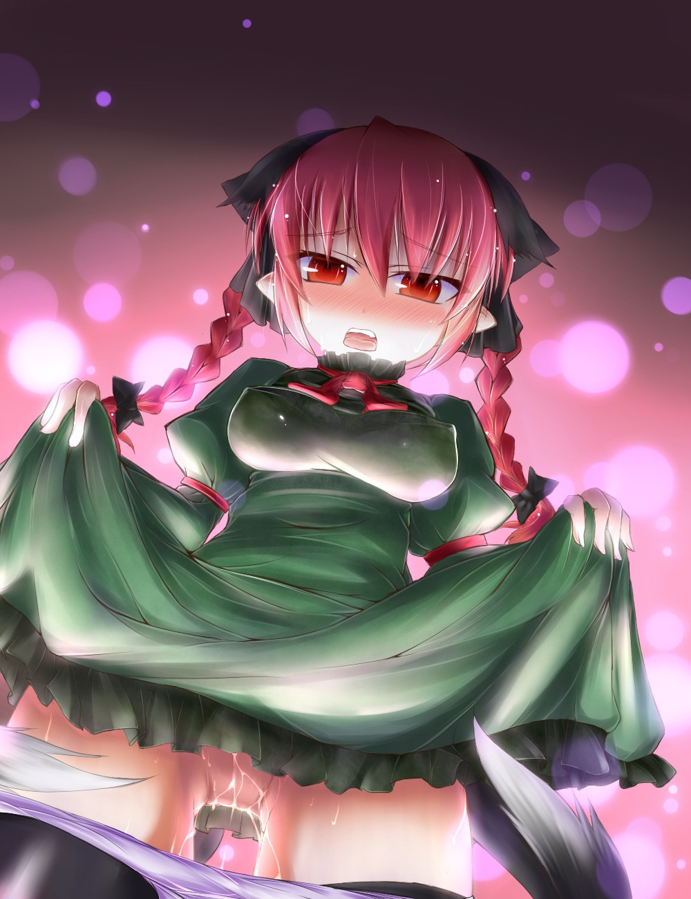 animal_ears black_legwear black_thighhighs bow braid cat_ears cat_tail dress dress_lift female hair_ribbon hairbow hazuki_ruu highres impossible_clothes impossible_clothing multi_tail panties panty_pull pussy pussy_juice pussy_juice_trail red_eyes red_hair ribbon rin_kaenbyou rule34 short_hair solo tail thighhighs tied_hair touhou twin_braids twintails underwear