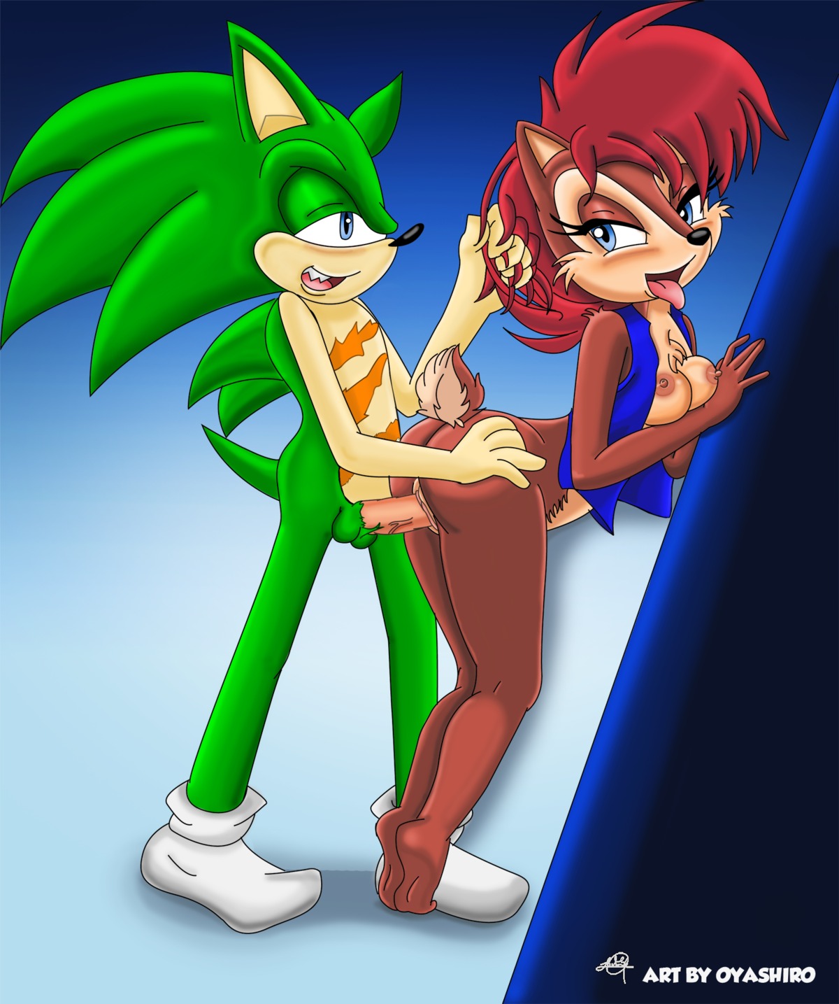 anthro archie_comics balls barefoot blue_eyes blush breasts brown_body brown_fur chipmunk clothing duo e621 erection eulipotyphlan feet female female_penetrated footwear fur genitals green_body ground_squirrel hair hedgehog hi_res male male/female male_penetrating male_penetrating_female mammal oyashirothr43 penetration penile penile_penetration penis penis_in_vagina red_hair rodent sally_acorn scar sciurid scourge_the_hedgehog sega sex socks sonic_the_hedgehog_(archie) sonic_the_hedgehog_(comics) sonic_the_hedgehog_(series) teeth tongue tongue_out vaginal vaginal_penetration vulva
