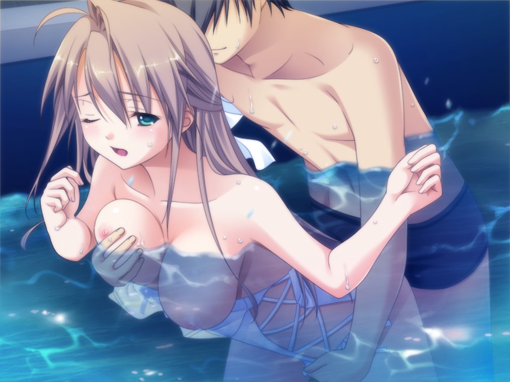 ahoge blonde_hair breast_grab breasts female game_cg green_eyes long_hair male mizugi nipples open_mouth oppai rule34 sex water