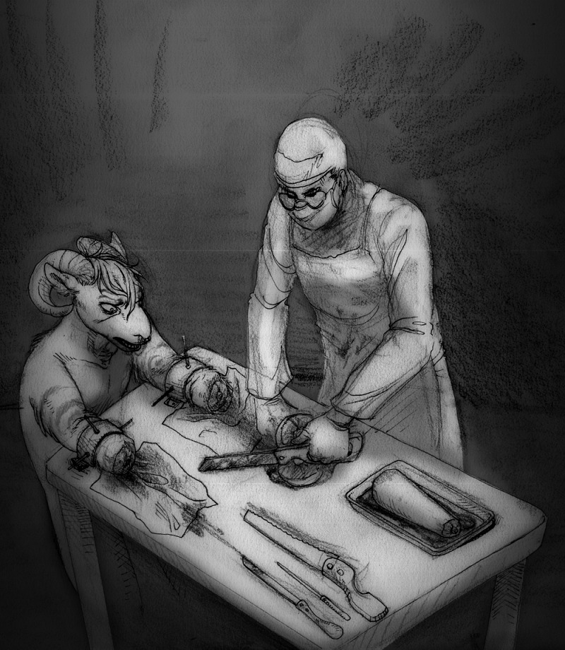 2_missing_limbs amputation amputee anthro bdsm bondage bound bovid caprine disability duo e621 eyewear glasses goat gore grapeyguts greyscale horror_(theme) human male mammal monochrome saw surgeon tools