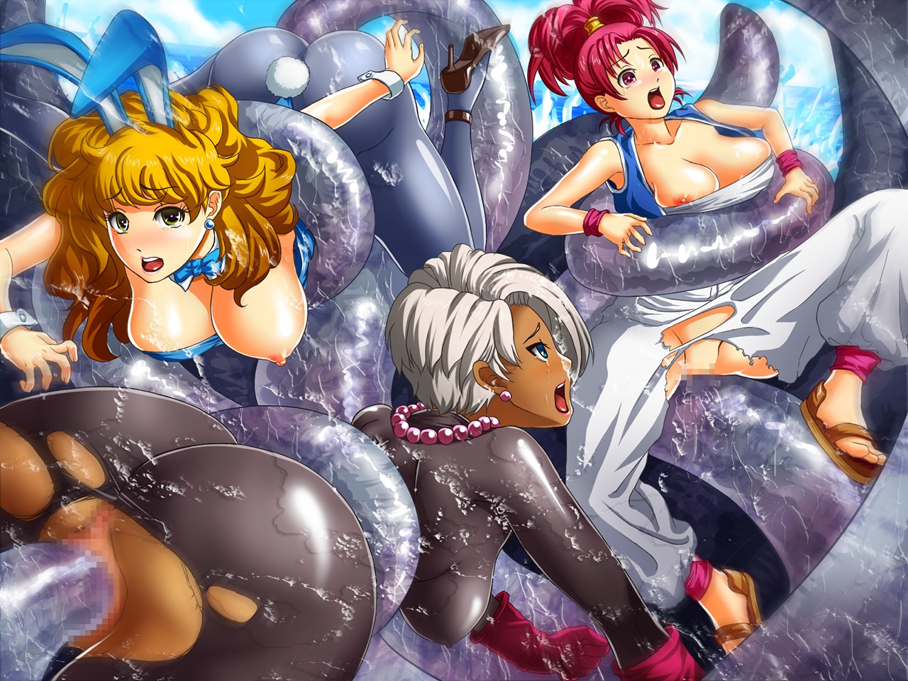 3girls artist_request breasts censored clothed_sex clothing dragon_quest dragon_quest_iii female jester_(dq3) large_breasts merchant_(dq3) monster multiple_females multiple_girls rule34 tagme tentacle thief_(dq3) torn_clothes