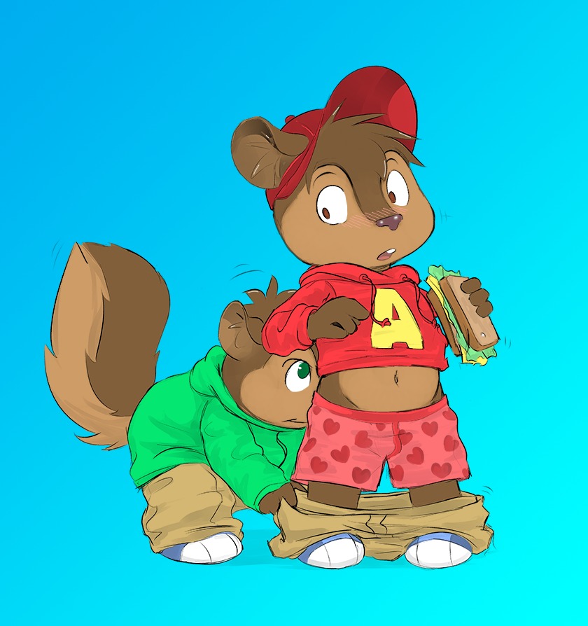 alvin_and_the_chipmunks alvin_seville anthro brown_fur chipmunk clothed clothing front_view male male_only pantsing partially_clothed rodent rule34 squirrel standing tagme theodore_seville toony